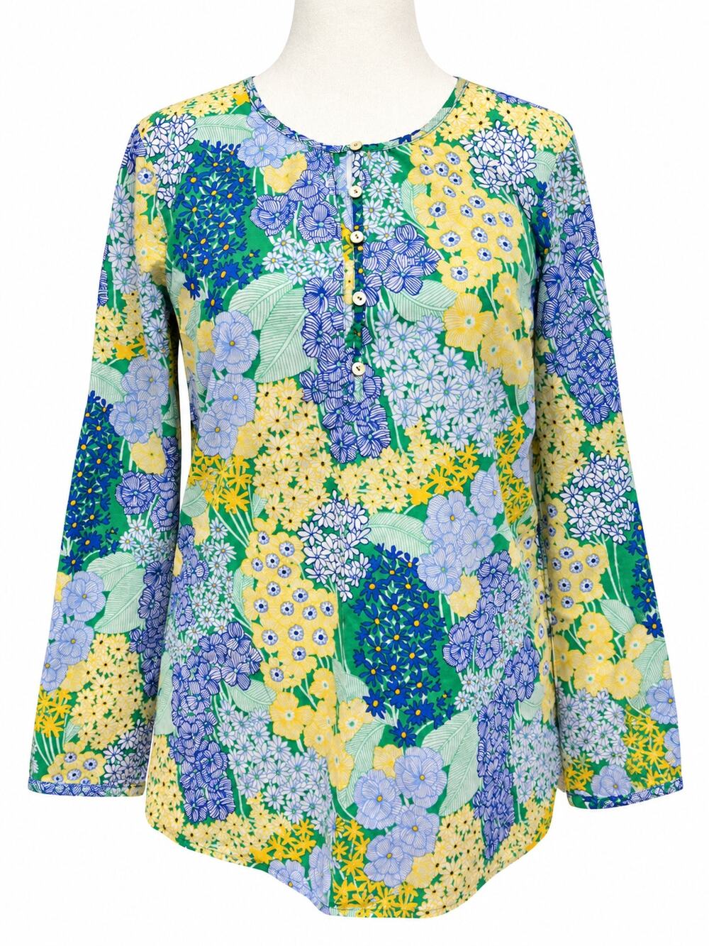 Talbots Women’s M Floral Botanical Henley Blouse Green Blue Yellow Long Sleeve